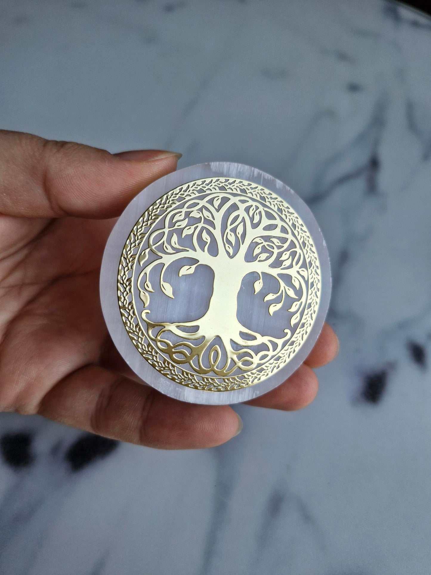 Gold Embossed Tree of Life Satin Spar Charging Plate