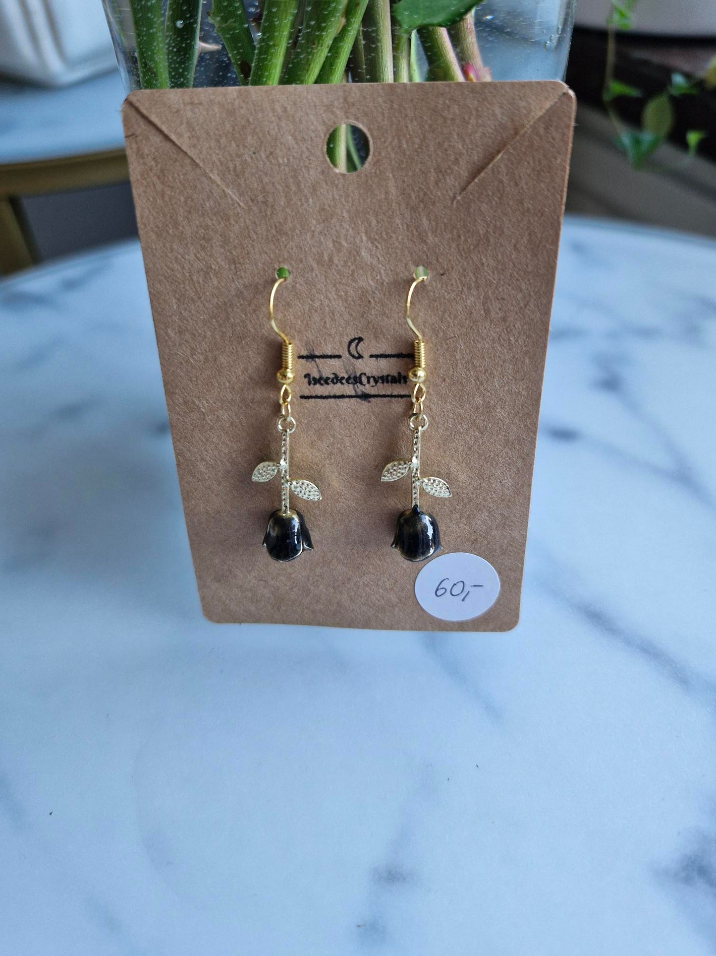 Stainless Steel Gold "Black Rose" Earrings