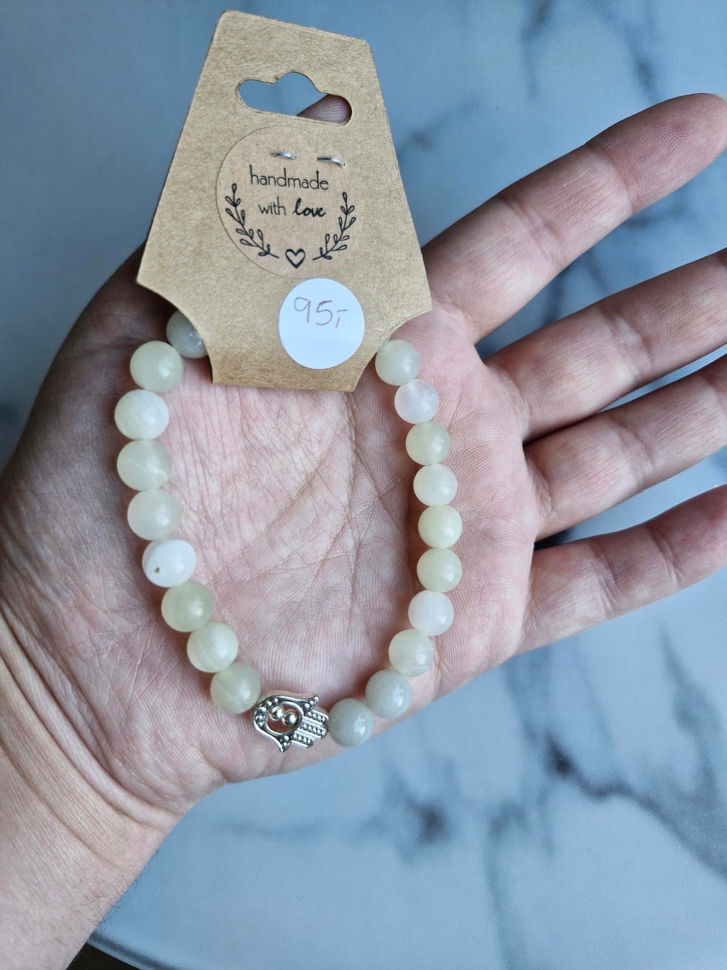 Banded Calcite Bracelet with a Hamsa Hand Charm