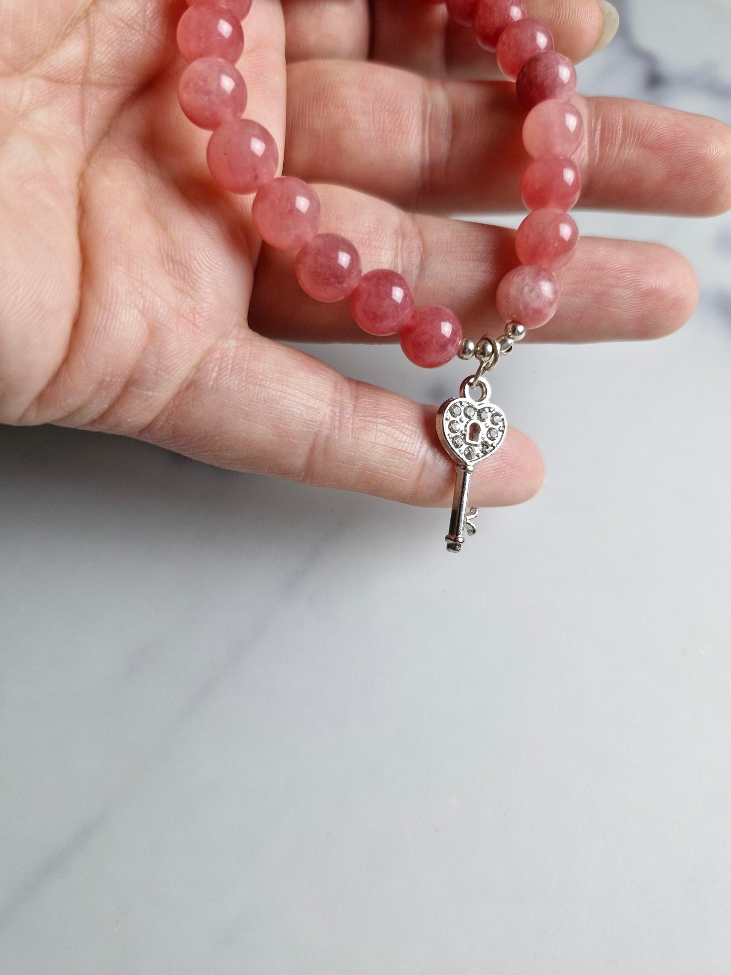 Agate (Dyed Pink) Bracelet with a Key Charm