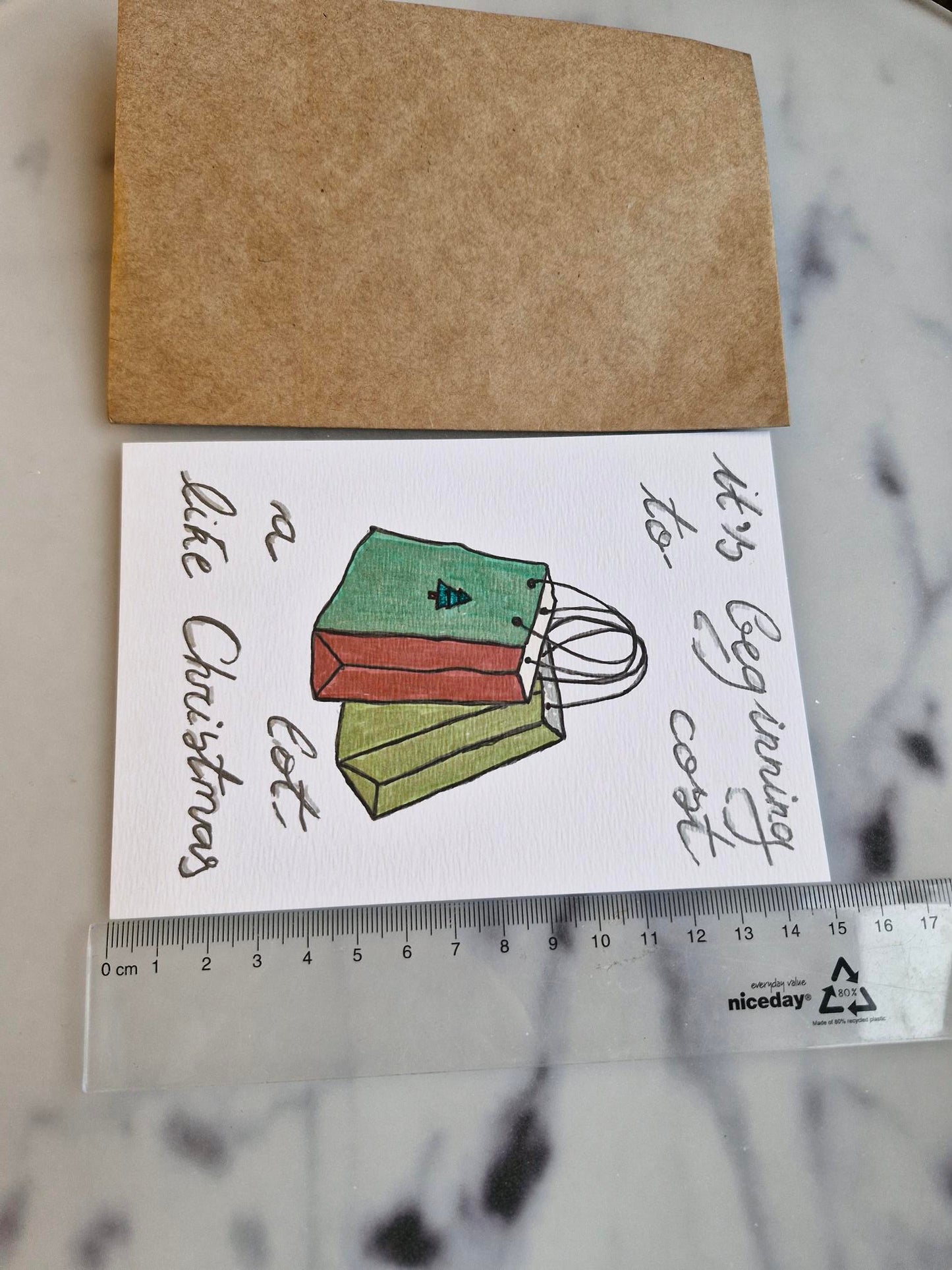 Unique Handmade Christmas Card "Shopping" with Envelope