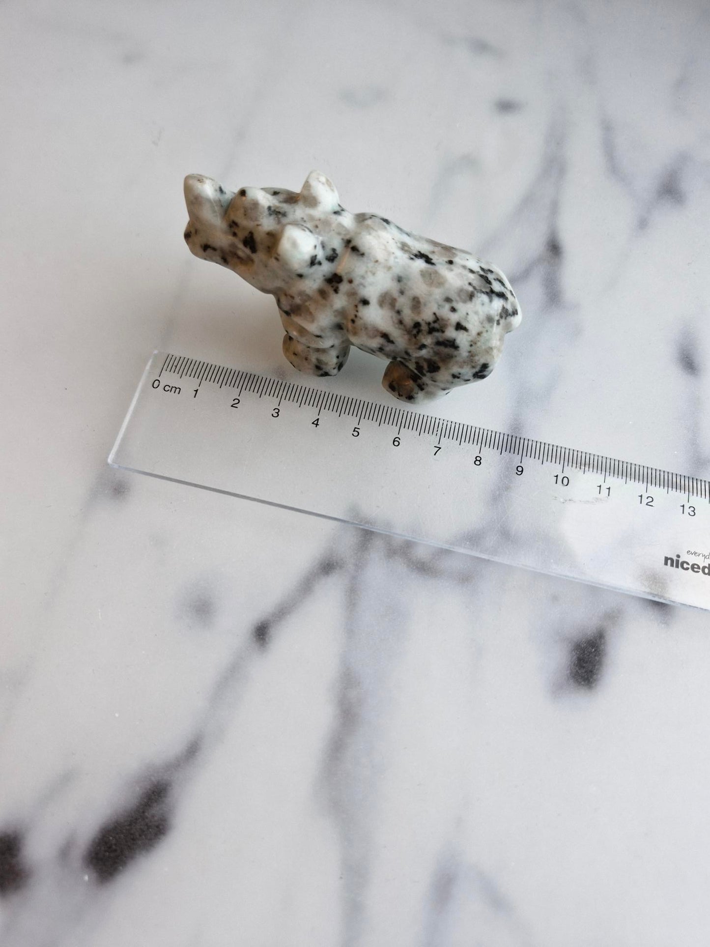 Kiwi Jasper Rhinoceros Carving With Smokey Quartz