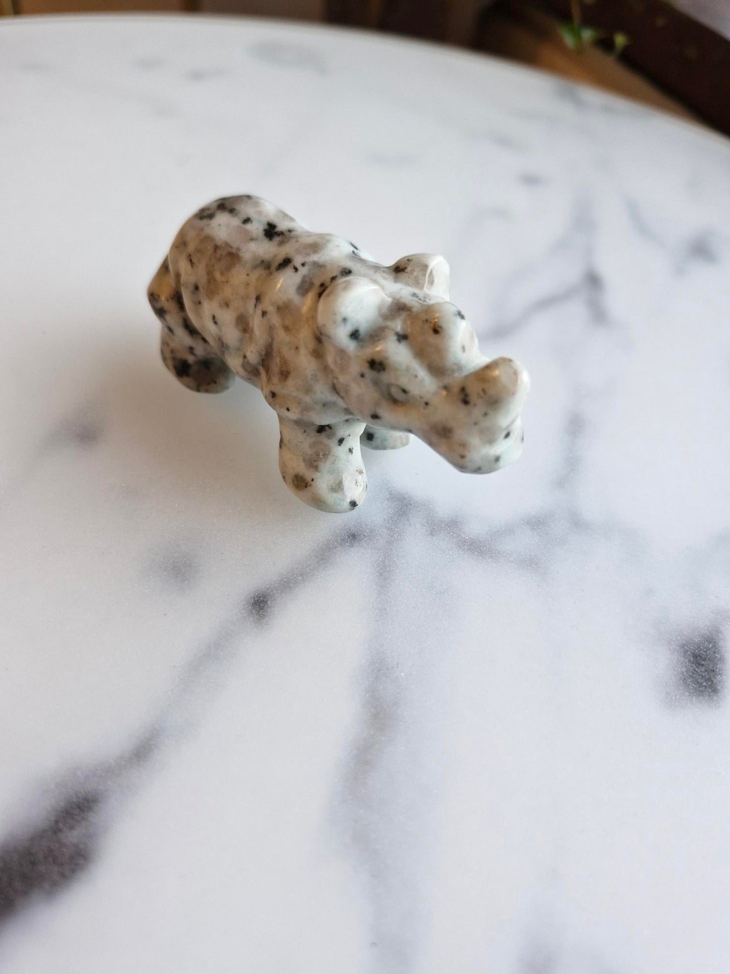 Kiwi Jasper Rhinoceros Carving With Smokey Quartz
