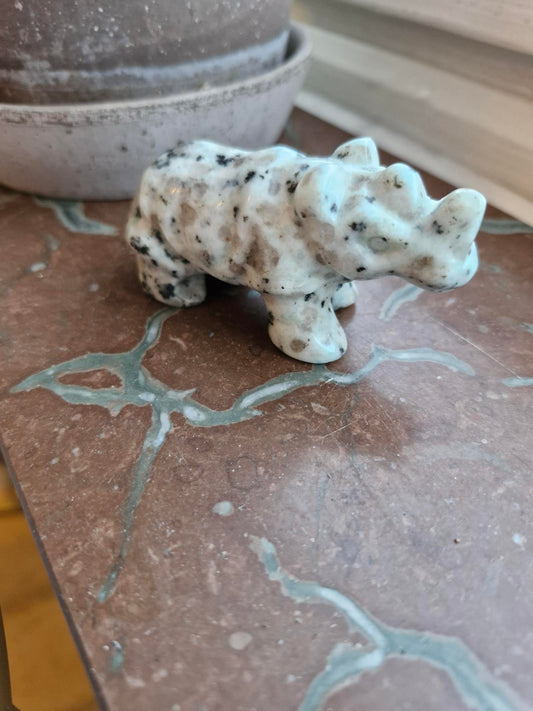 Kiwi Jasper Rhinoceros Carving With Smokey Quartz