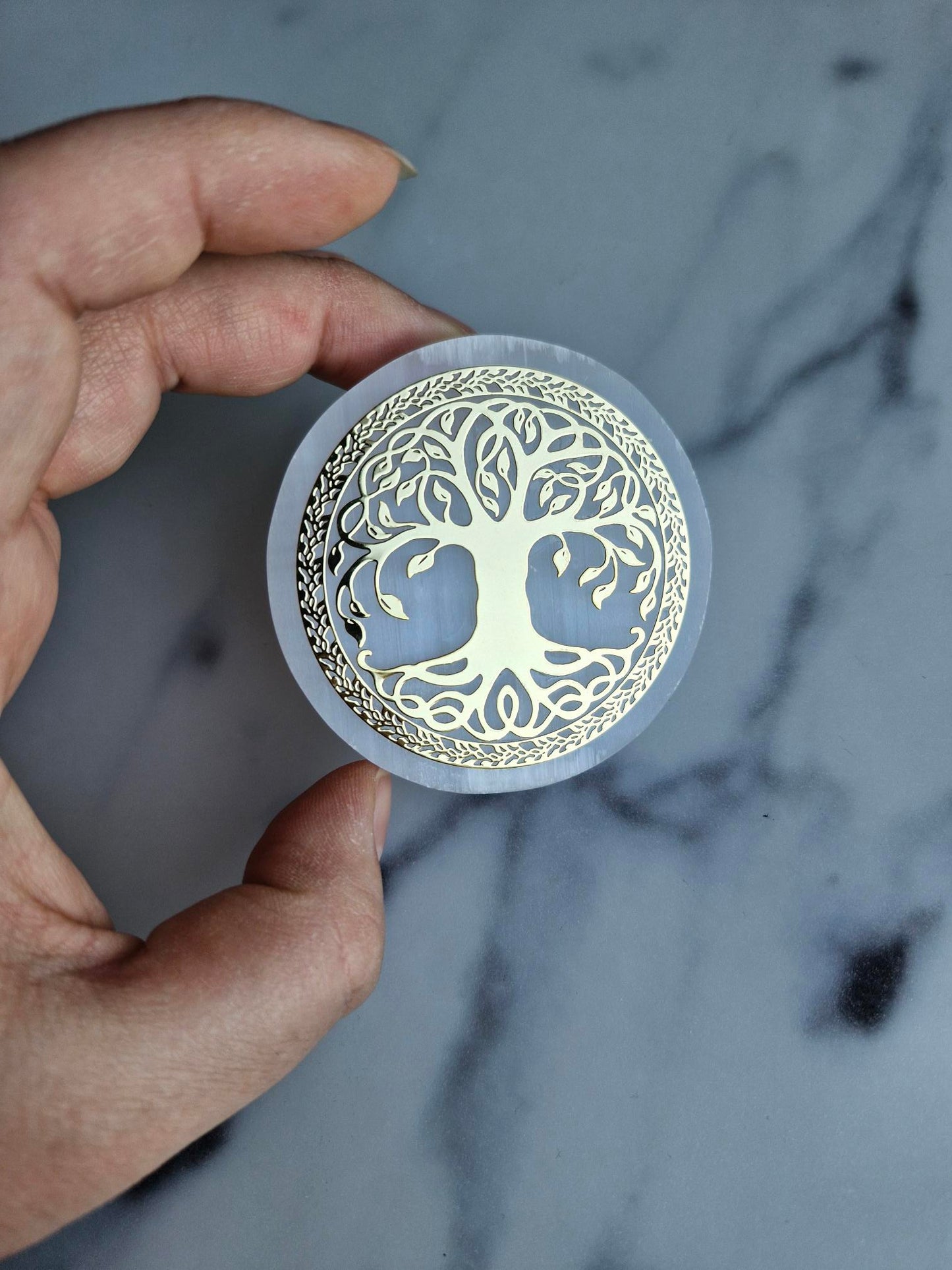 Gold Embossed Tree of Life Satin Spar Charging Plate
