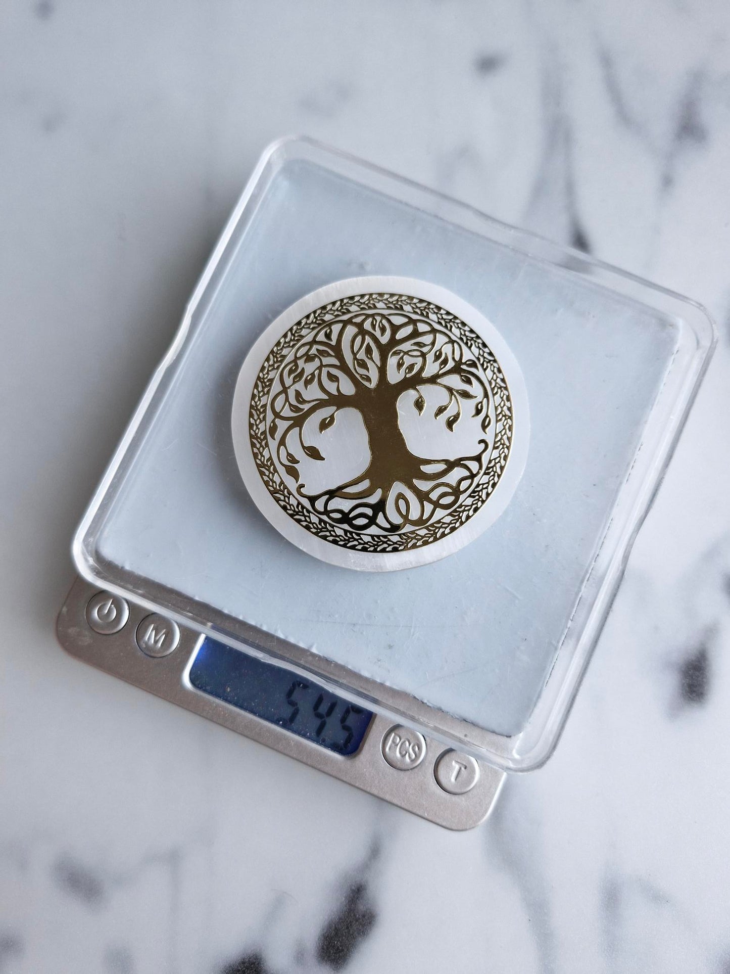 Gold Embossed Tree of Life Satin Spar Charging Plate
