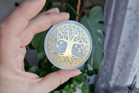 Gold Embossed Tree of Life Satin Spar Charging Plate
