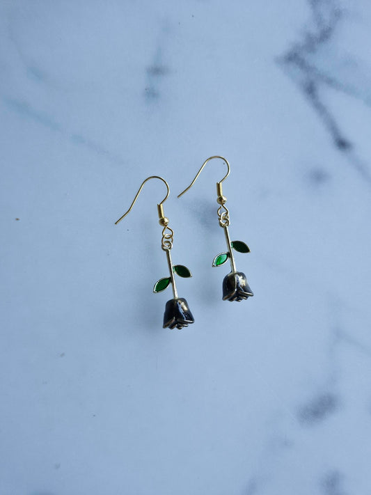 Stainless Steel Gold "Black Rose" Earrings