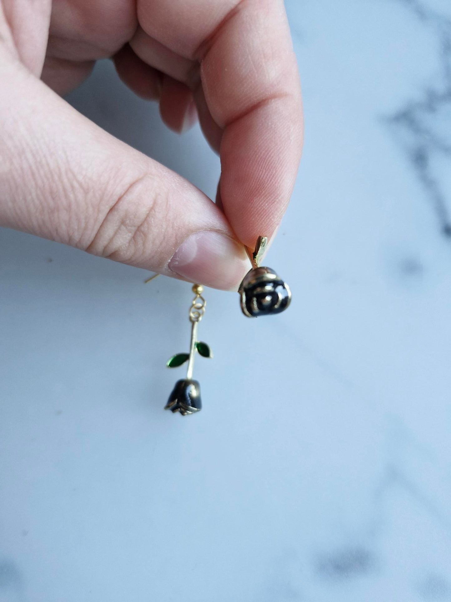 Stainless Steel Gold "Black Rose" Earrings