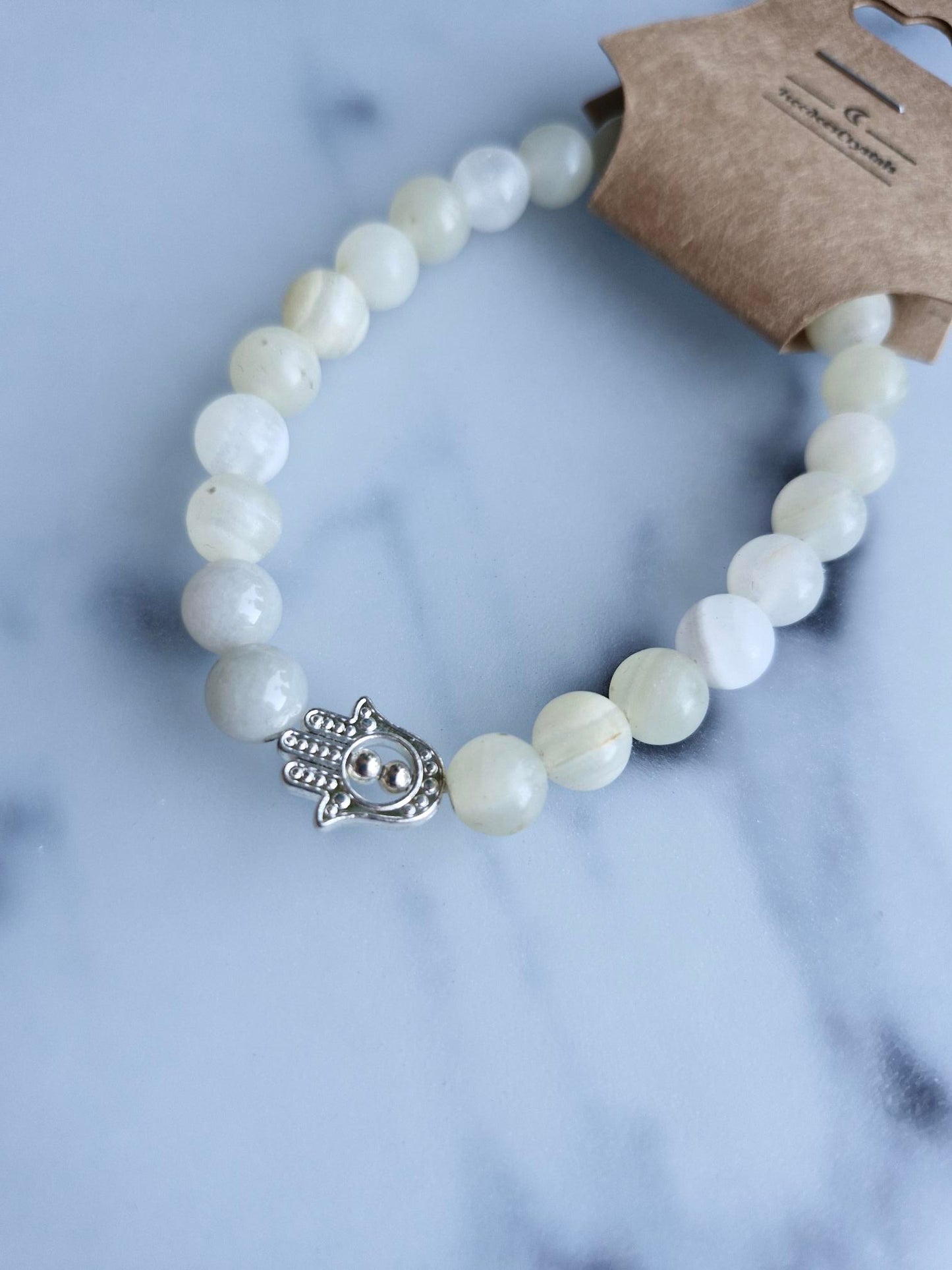 Banded Calcite Bracelet with a Hamsa Hand Charm