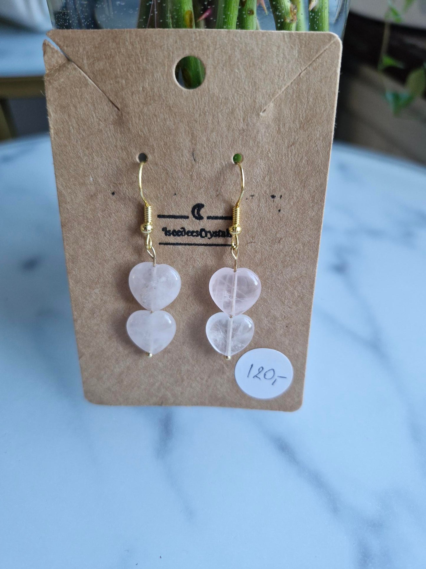Stainless Steel Gold "Heart" Rose Quartz Earrings