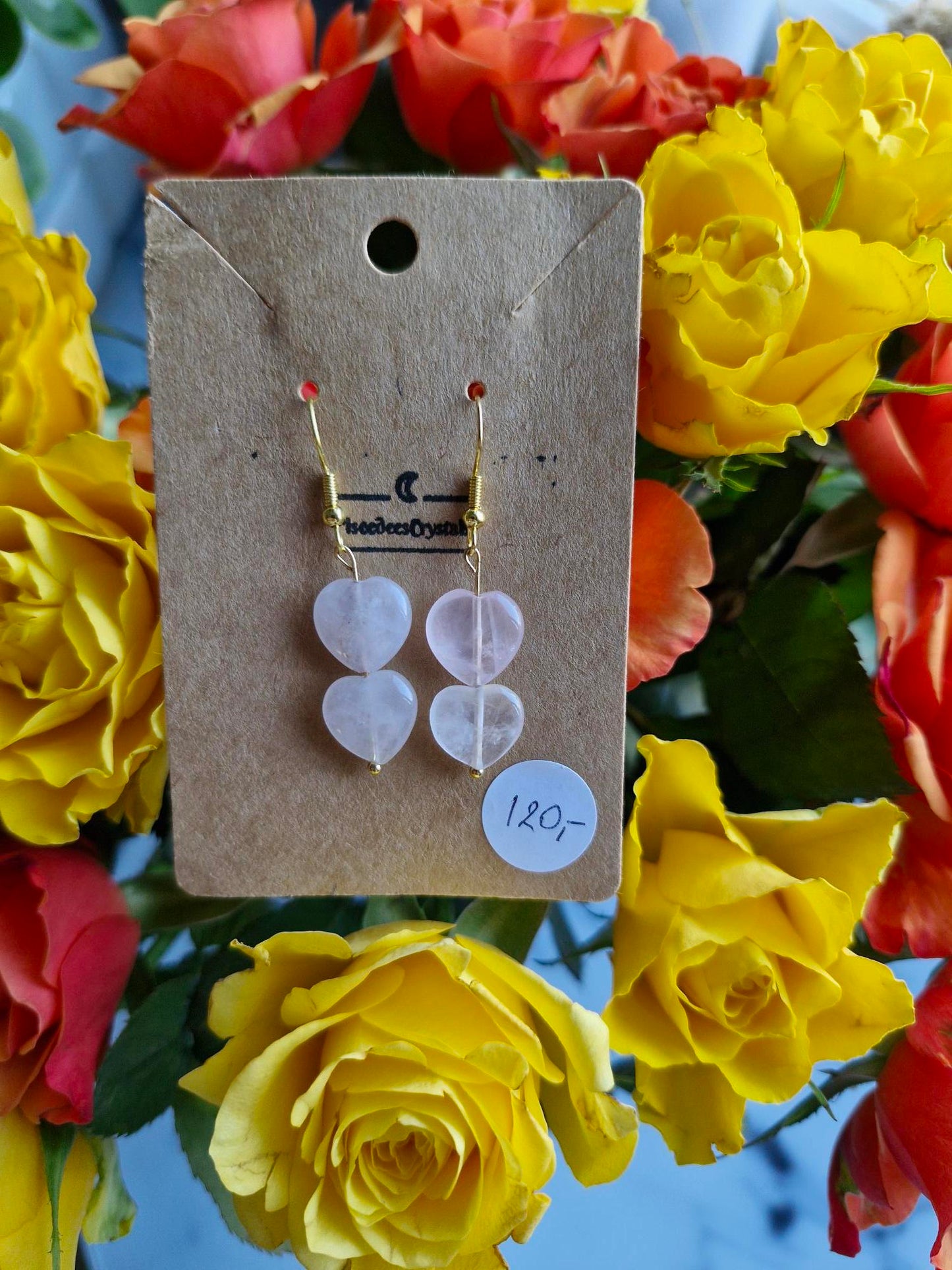 Stainless Steel Gold "Heart" Rose Quartz Earrings