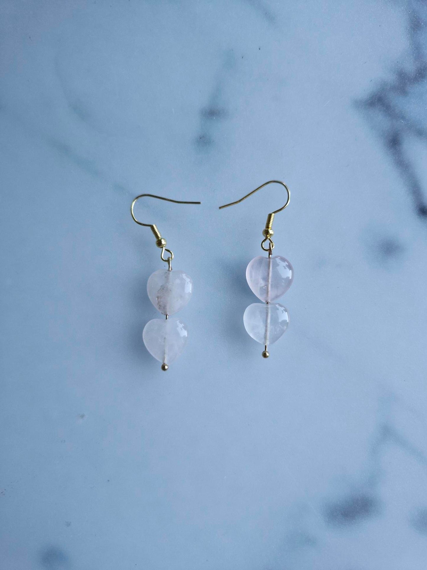 Stainless Steel Gold "Heart" Rose Quartz Earrings