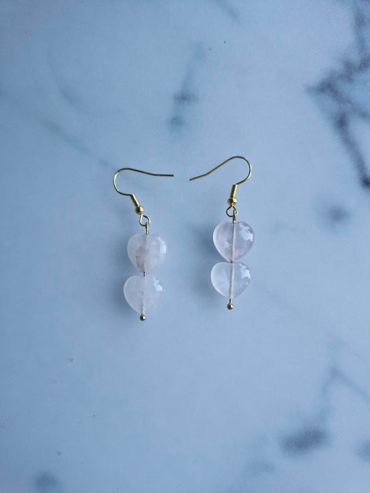 Stainless Steel Gold "Heart" Rose Quartz Earrings