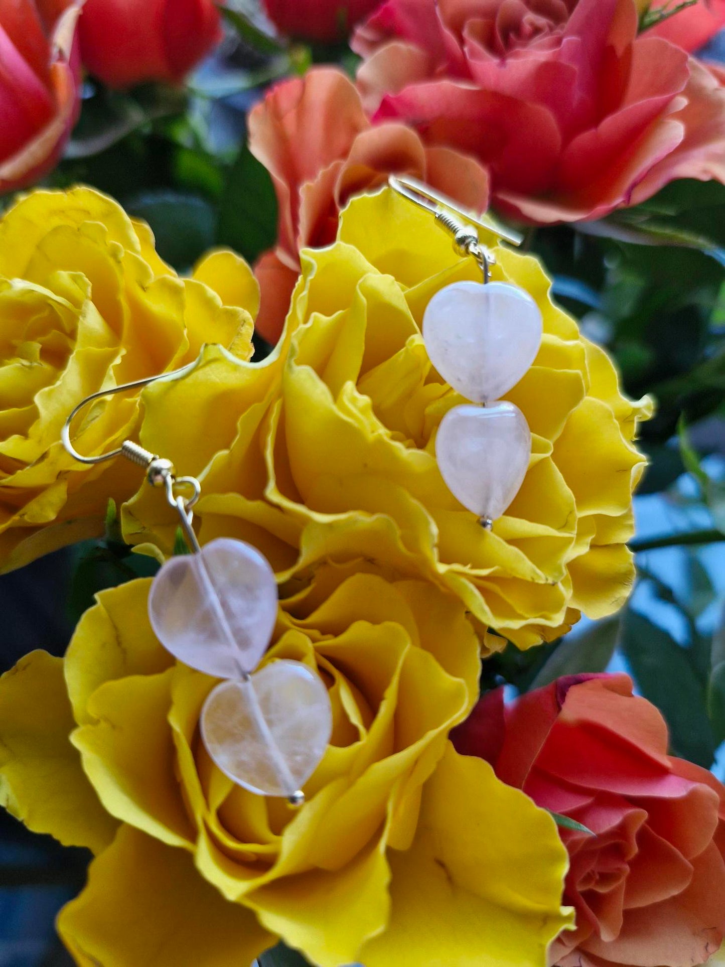Stainless Steel Gold "Heart" Rose Quartz Earrings