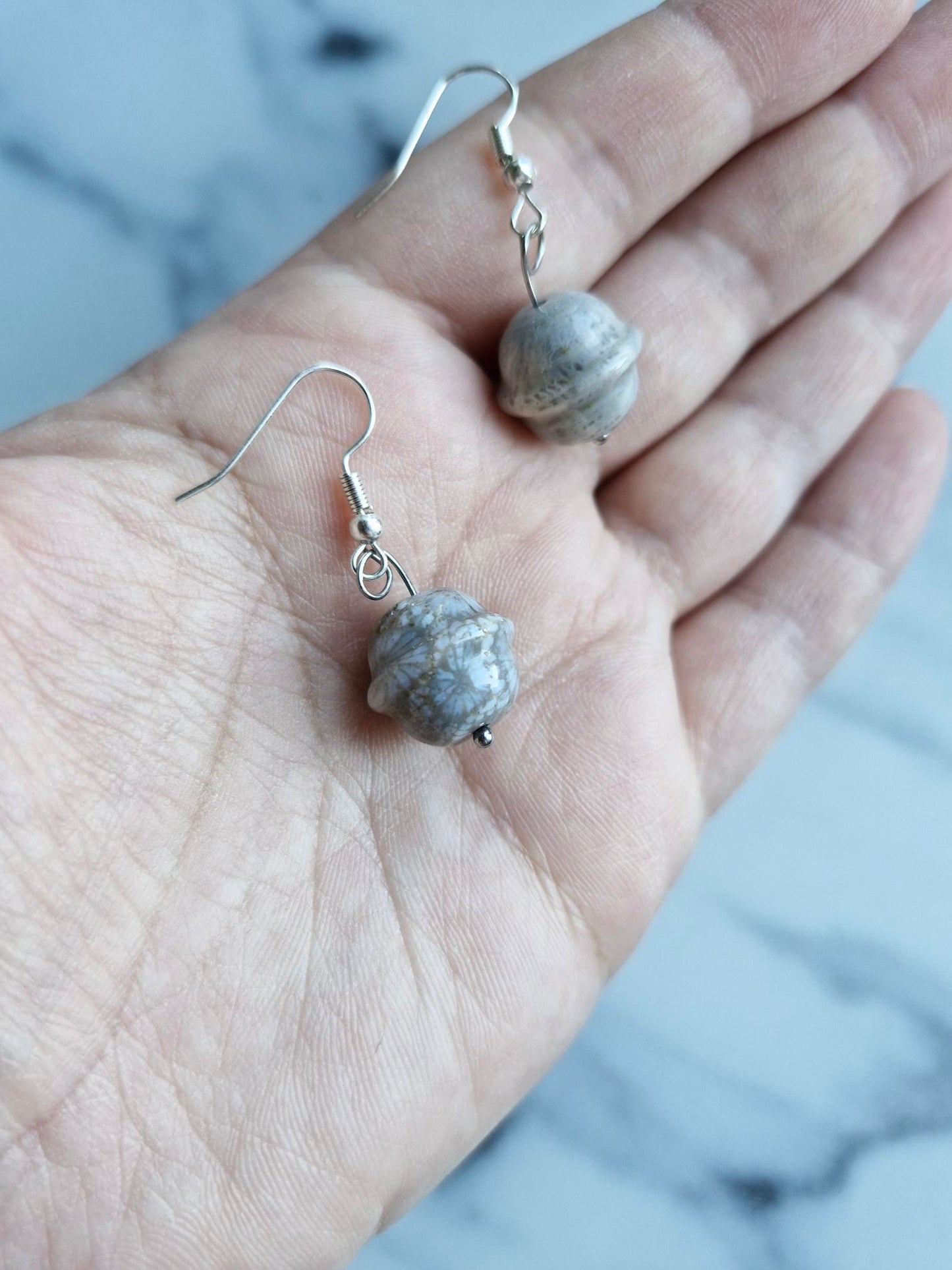 Stainless Steel Silver "Coral Jasper Planet" Earrings