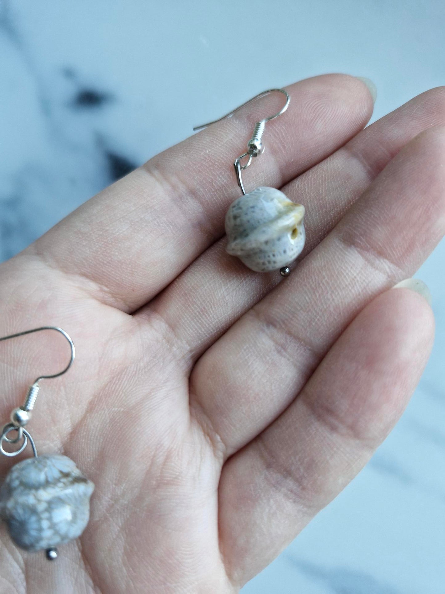 Stainless Steel Silver "Coral Jasper Planet" Earrings