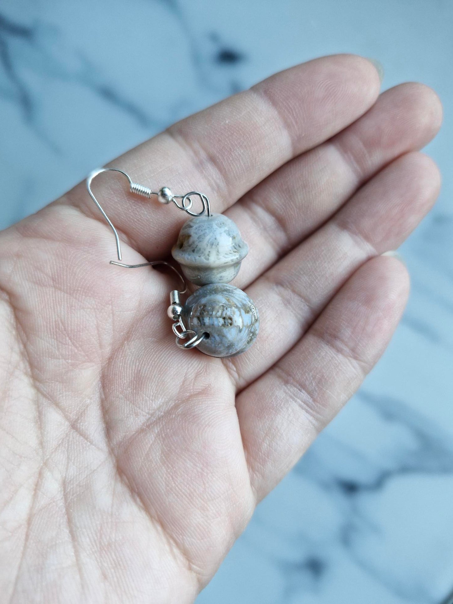 Stainless Steel Silver "Coral Jasper Planet" Earrings