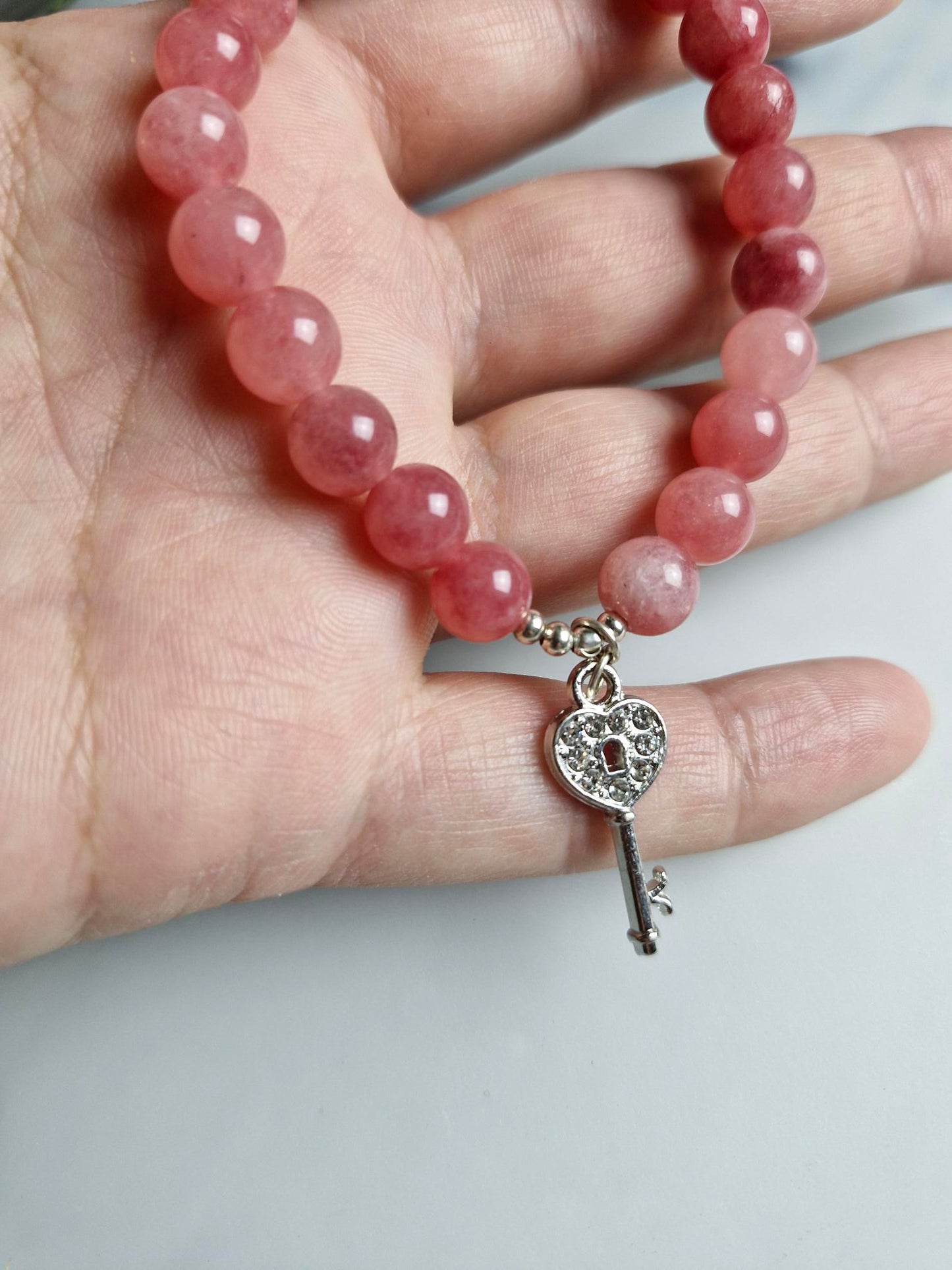 Agate (Dyed Pink) Bracelet with a Key Charm