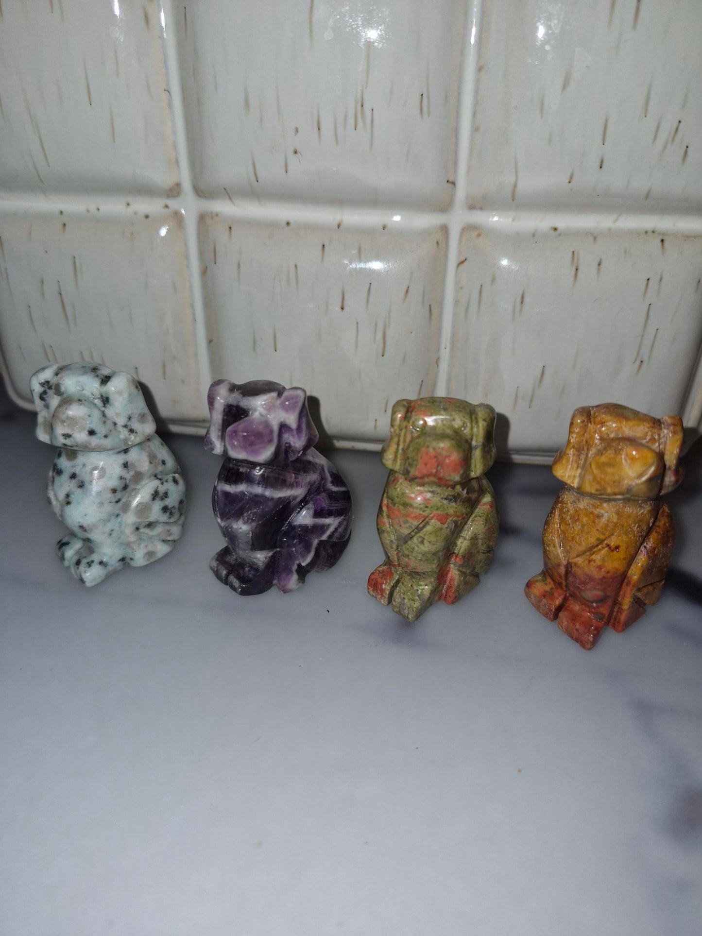 Beautiful Crystal Dog Carving - Dream Amethyst/Kiwi Jasper/Crazy Lace/Unikite