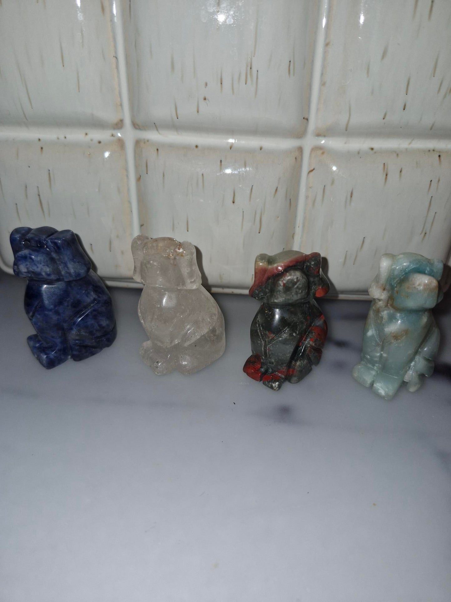 Beautiful Crystal Dog Carving - African Blood Stone/Sodalite/Clear Quartz/Blue Calcite