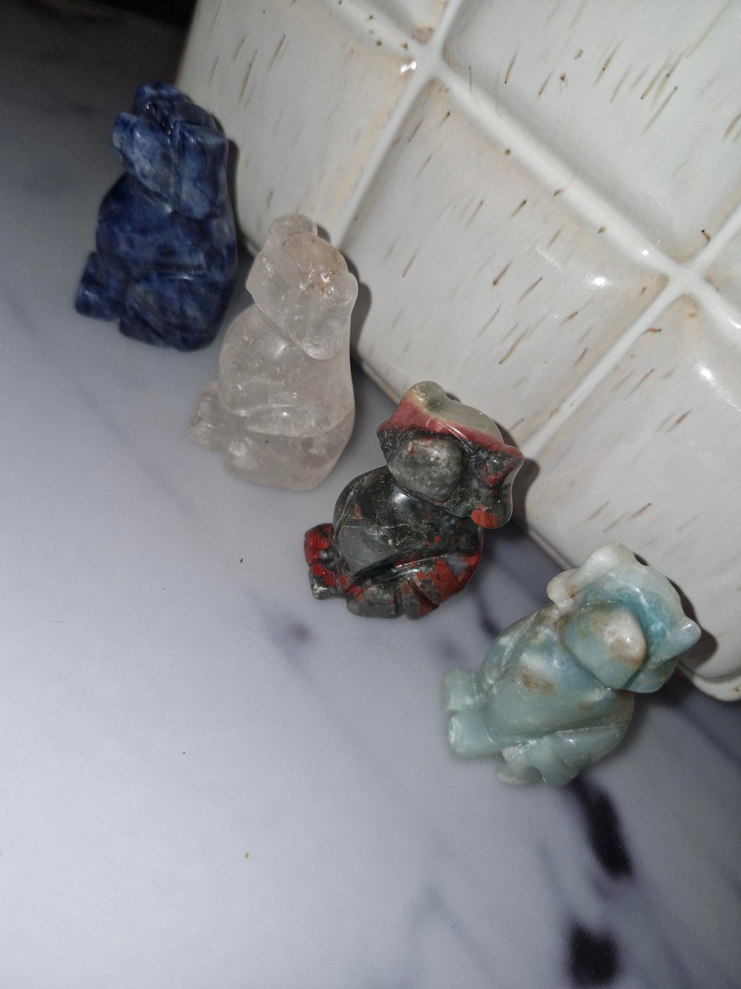 Beautiful Crystal Dog Carving - African Blood Stone/Sodalite/Clear Quartz/Blue Calcite