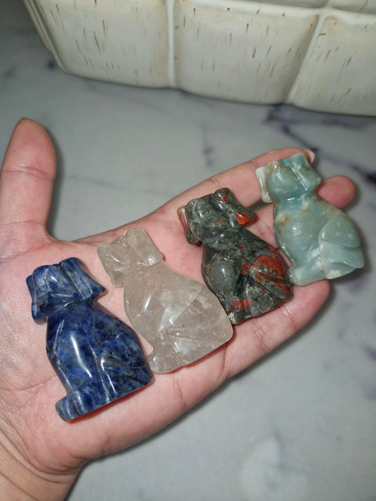 Beautiful Crystal Dog Carving - African Blood Stone/Sodalite/Clear Quartz/Blue Calcite