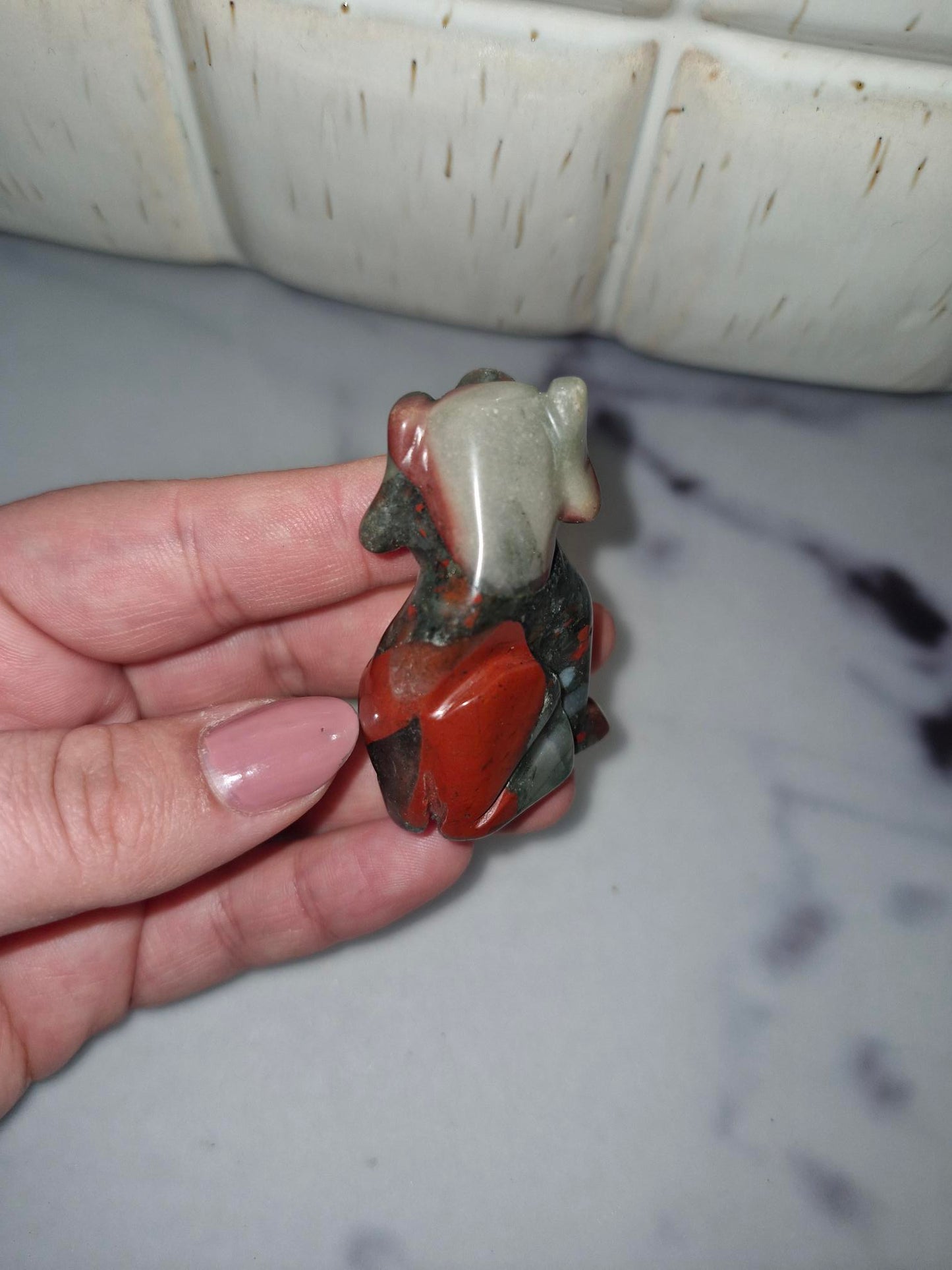 Beautiful Crystal Dog Carving - African Blood Stone/Sodalite/Clear Quartz/Blue Calcite