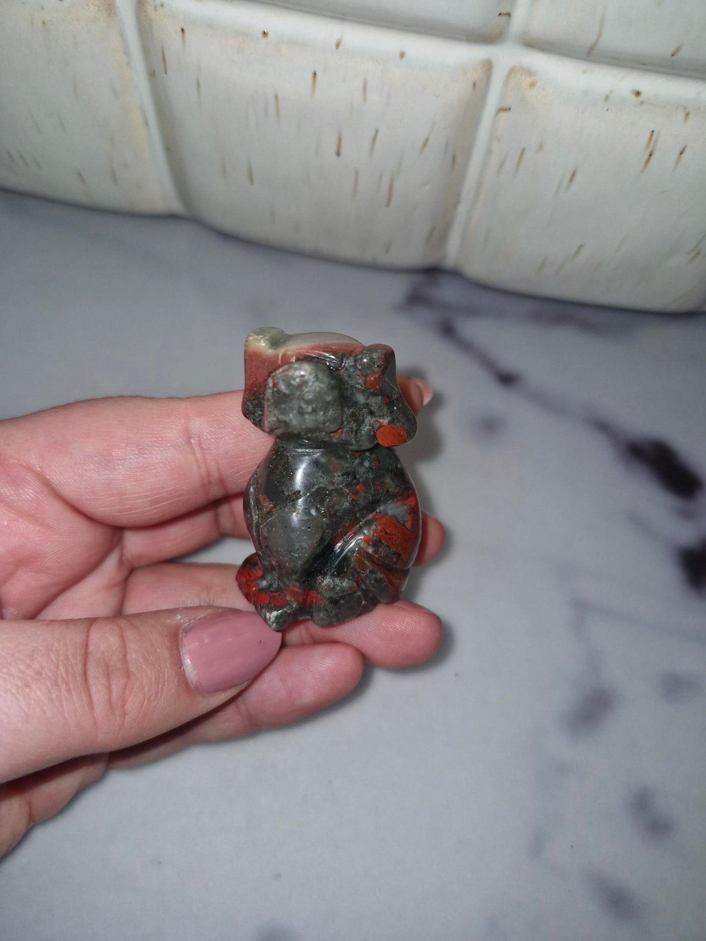 Beautiful Crystal Dog Carving - African Blood Stone/Sodalite/Clear Quartz/Blue Calcite