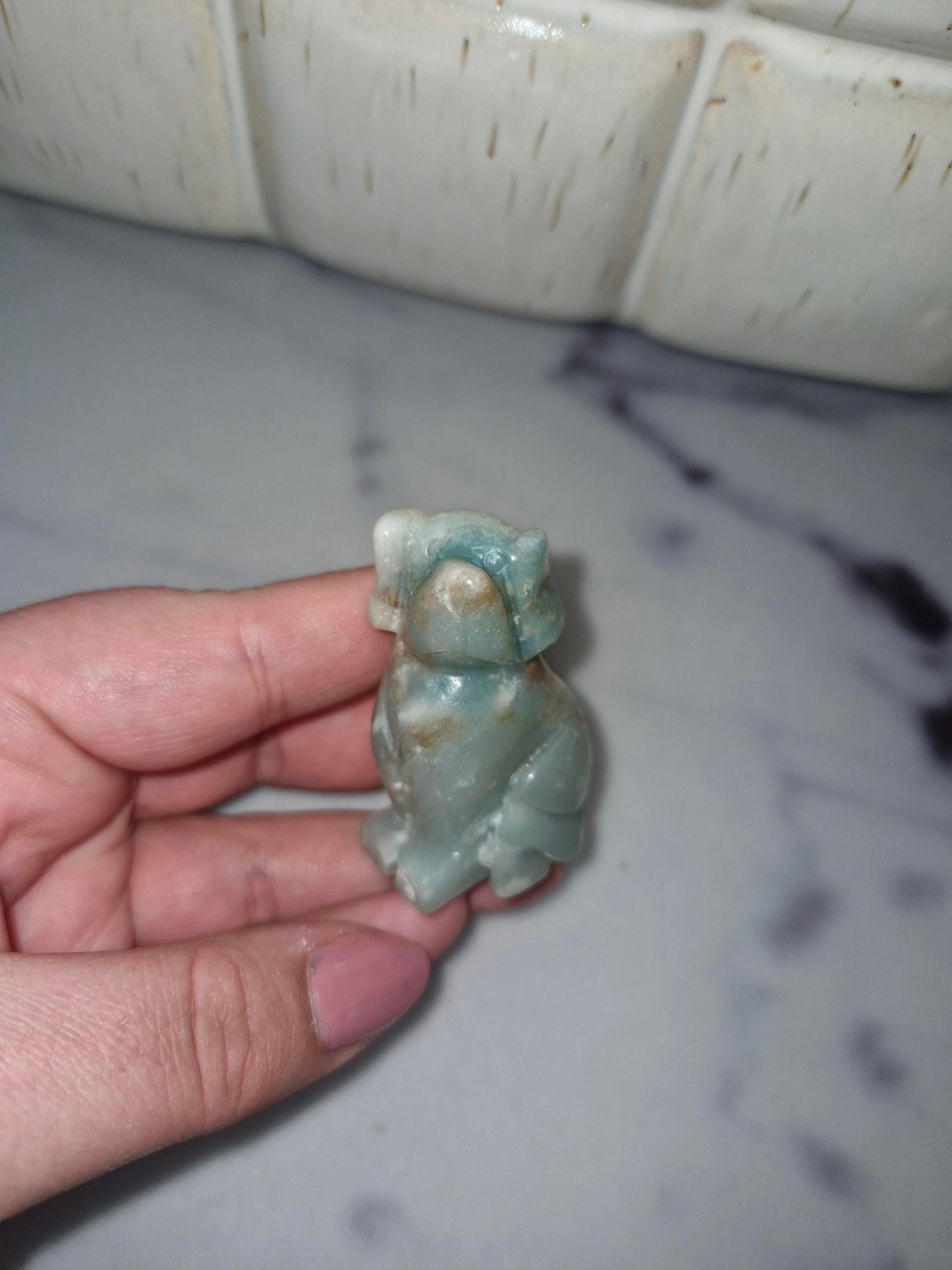 Beautiful Crystal Dog Carving - African Blood Stone/Sodalite/Clear Quartz/Blue Calcite