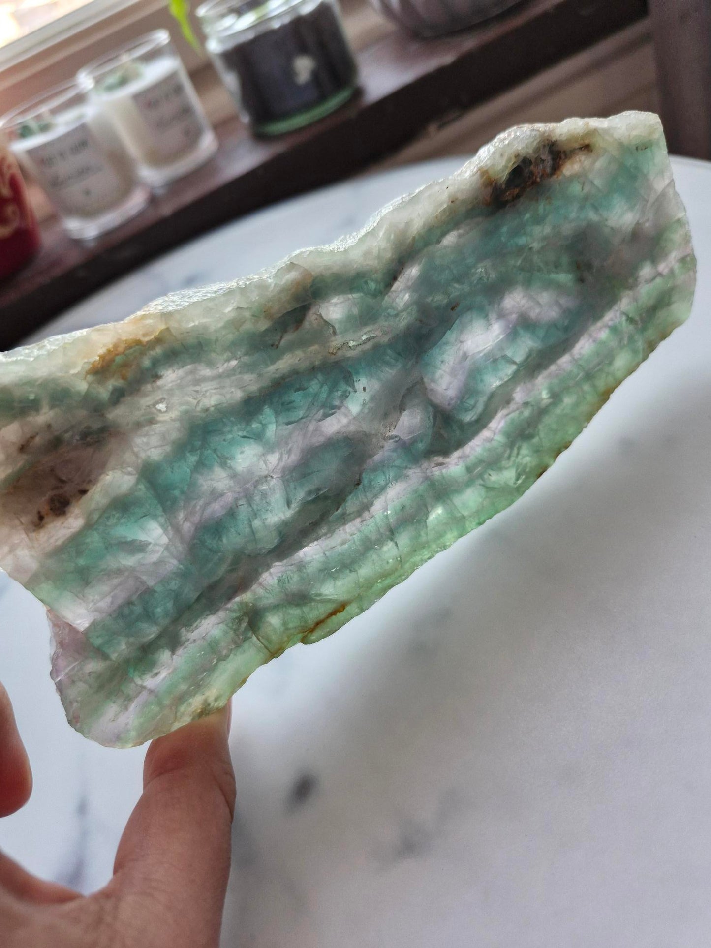 Green and Purple Banded Fluorite Slab