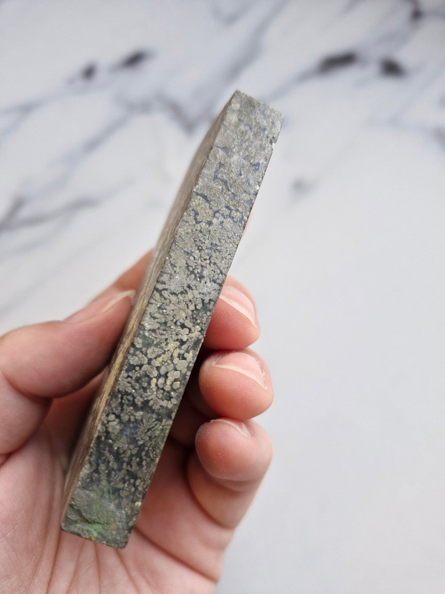 Amazing slab featuring golden pyrite/marcasite with 'flower' textures and healed fractures with pale blue banded quartz infills