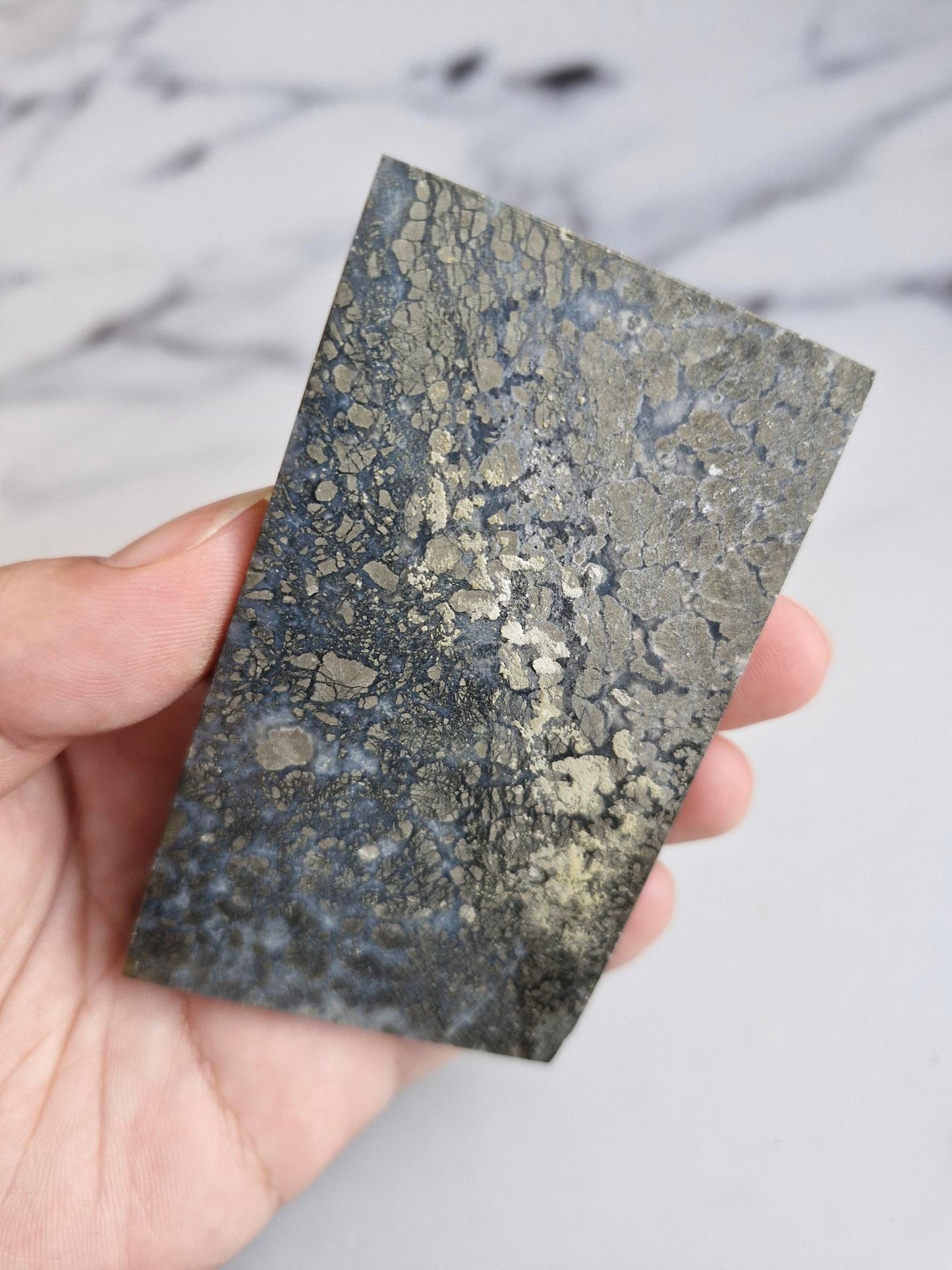 Amazing slab featuring golden pyrite/marcasite with 'flower' textures and healed fractures with pale blue banded quartz infills