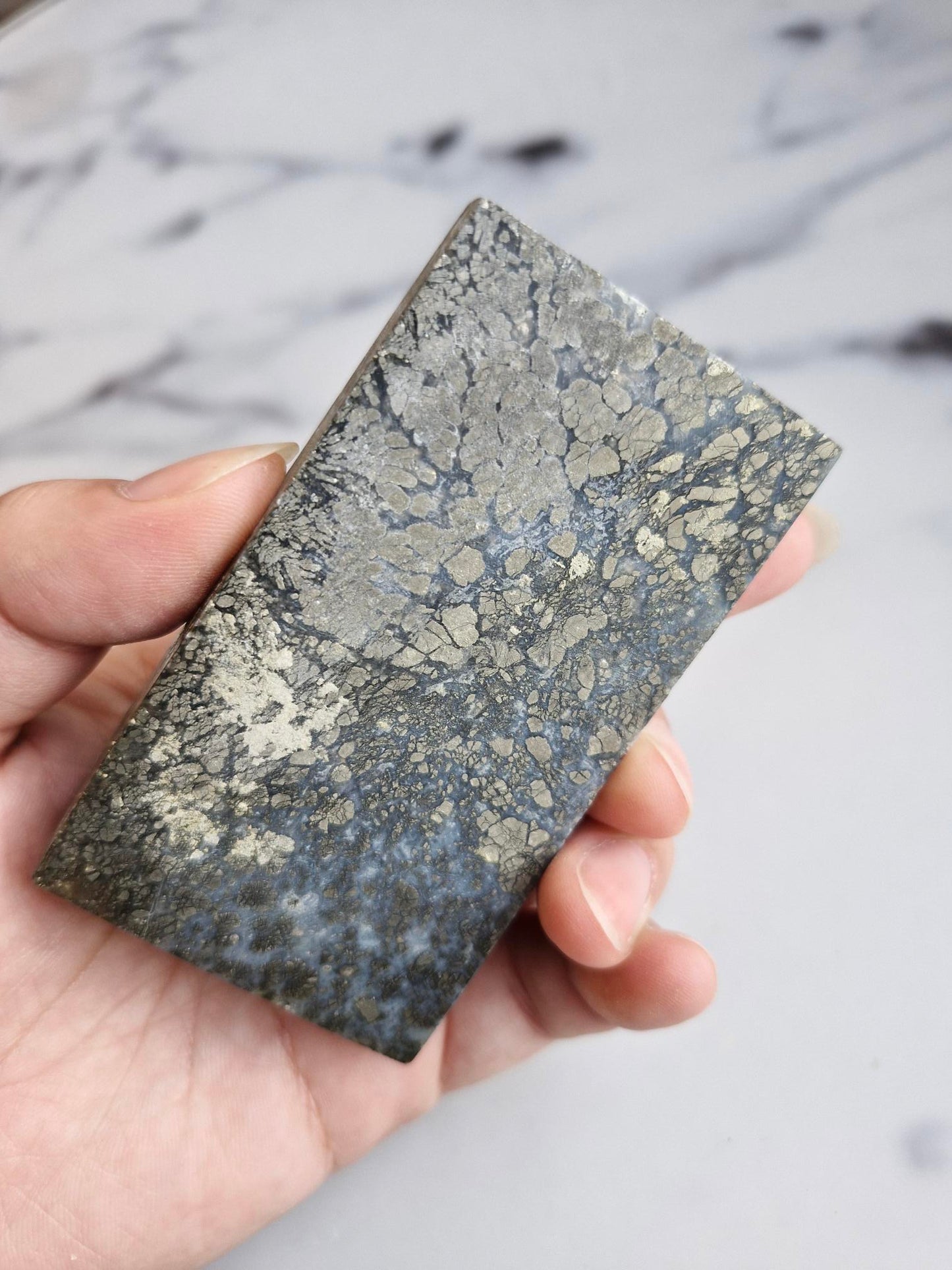 Amazing slab featuring golden pyrite/marcasite with 'flower' textures and healed fractures with pale blue banded quartz infills