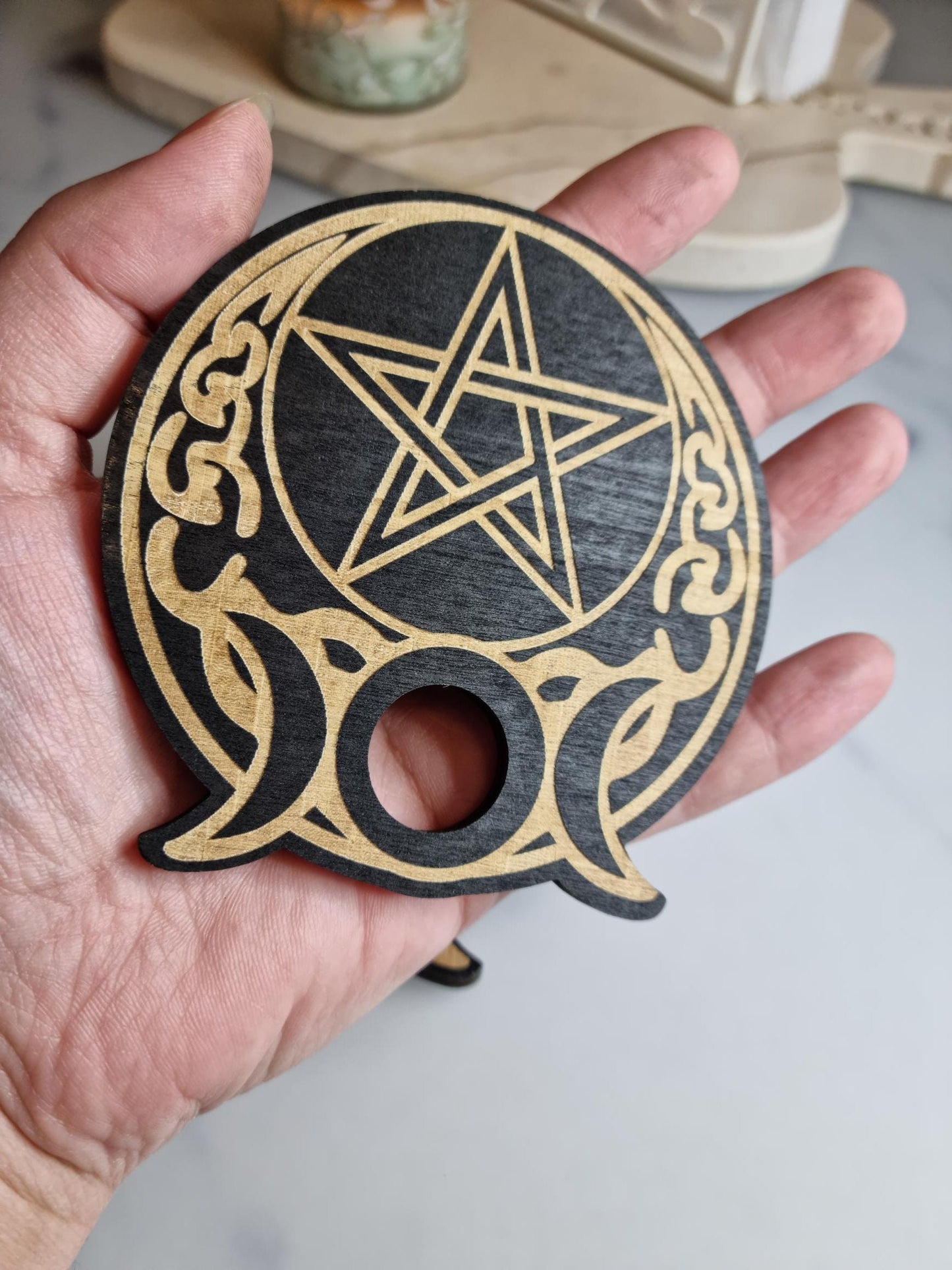 Pentacle Moon Wooden Sphere Stand