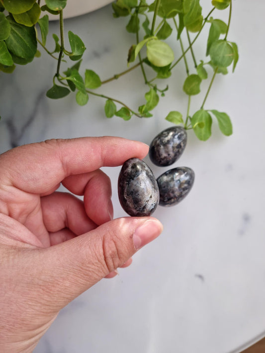 One (1) Gorgeous Larvikite Egg with Silver Flash