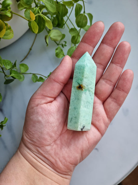 Gorgeous Amazonite Tower with Quartz, Black Tourmaline and Iron inclusions