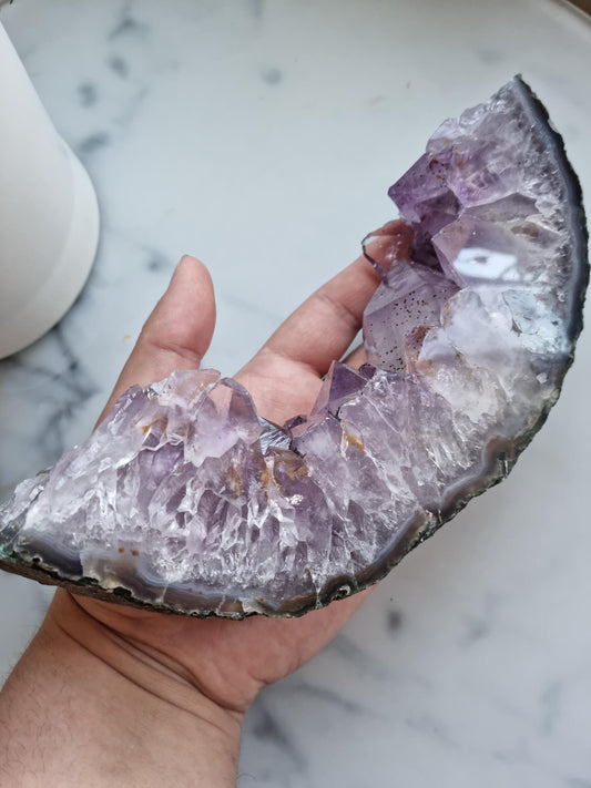 Gorgeous High Grade Amethyst With Banded Agate Base And Golden Healer, Filled With Rainbows