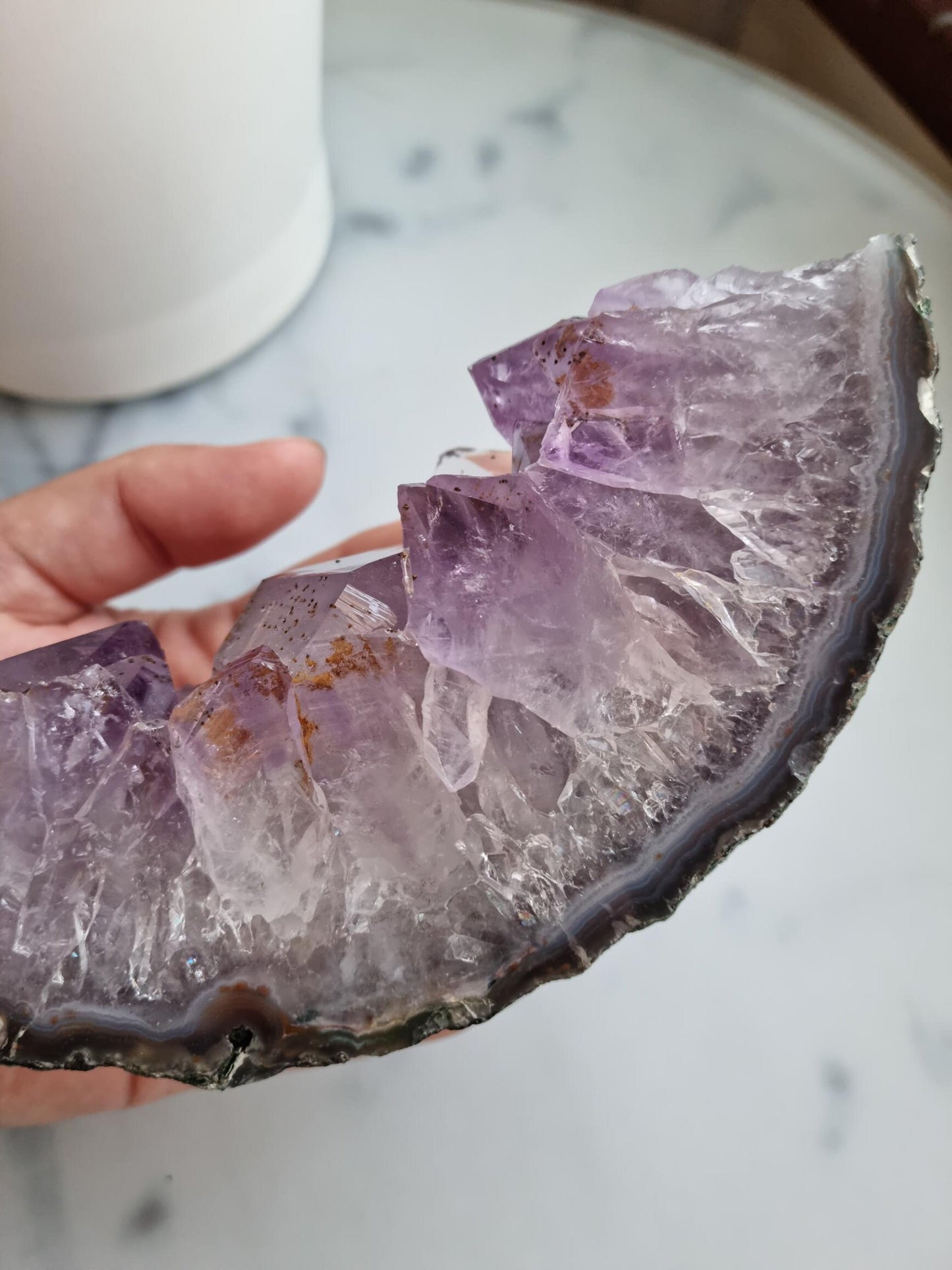 Gorgeous High Grade Amethyst With Banded Agate Base And Golden Healer, Filled With Rainbows