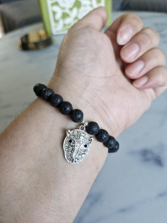 Gorgeous Lava Stone Bracelet with Leopard Charm