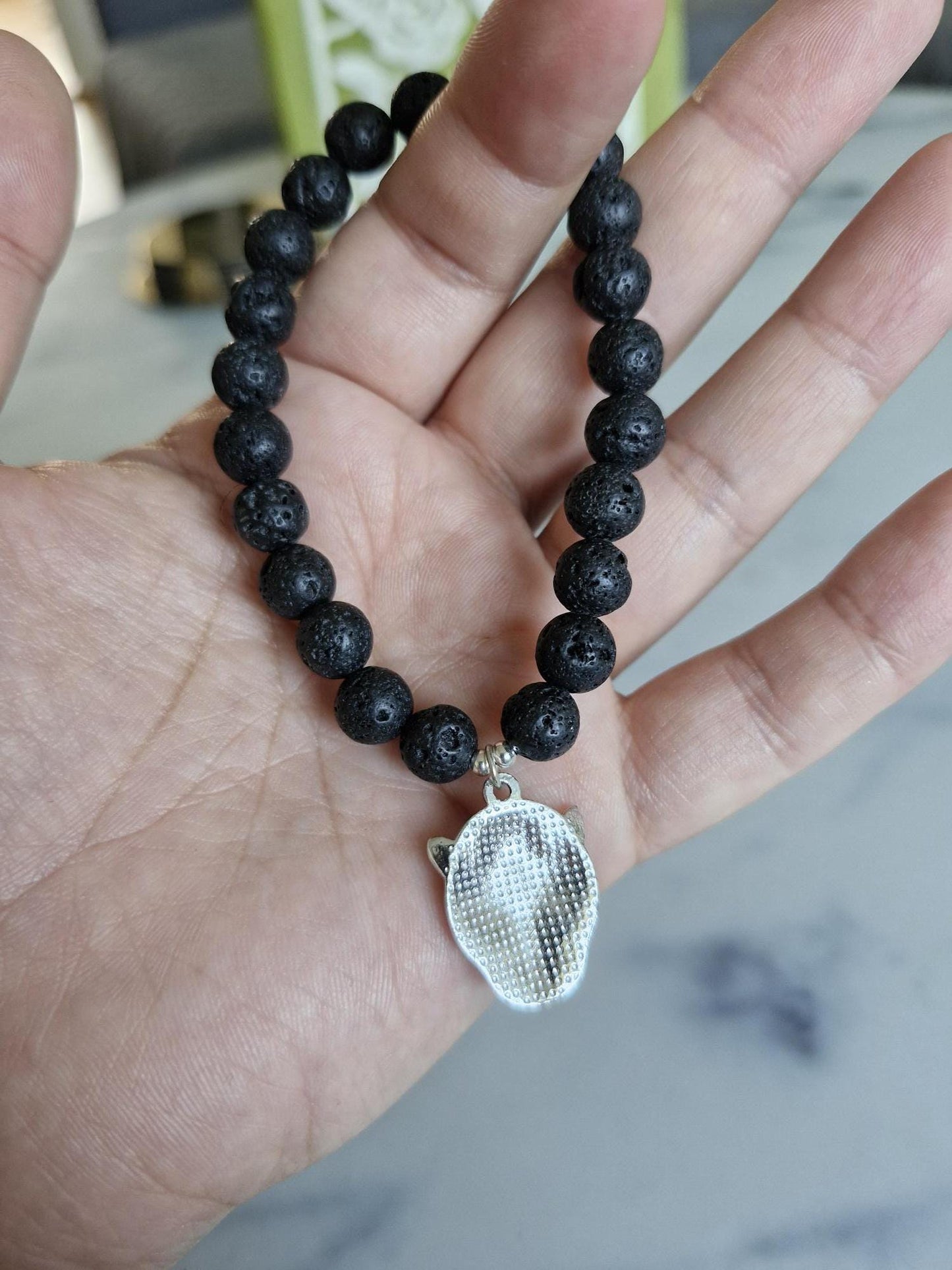 Gorgeous Lava Stone Bracelet with Leopard Charm