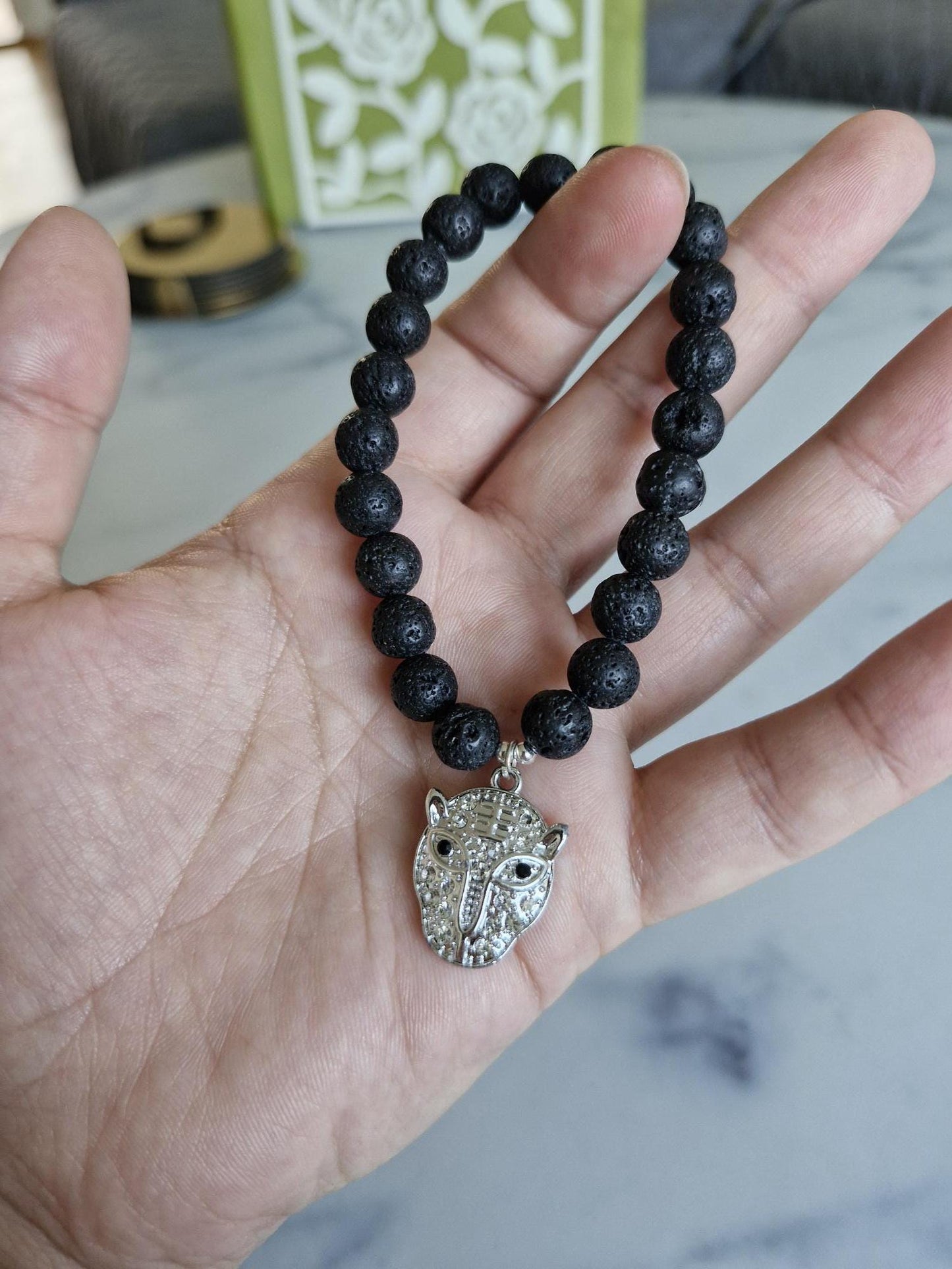 Gorgeous Lava Stone Bracelet with Leopard Charm